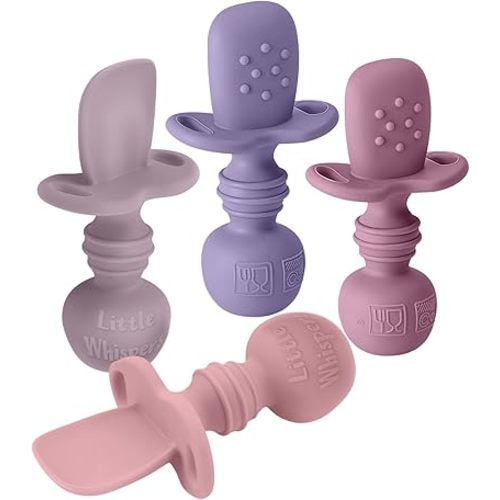 LittleWhispers Baby Silicone Spoons - Self Feeding 6 Months - Infant, Toddler, & Kid Friendly Utensils - First Stage, Baby Led Weaning - 4 Pack Utensil Set (Soft Pinks)