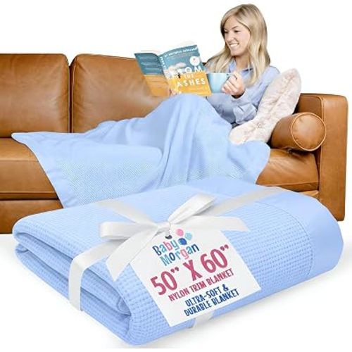 Thermal Waffle Knit Throw Blanket Nylon Trim Blue 50" x 60"