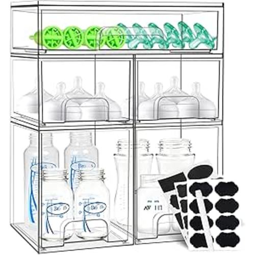 Baby Bottle Organizer, 5 Pack Stackable Storage Drawers with Labels, Clear Station Organizers Container for Pacifiers, Pump Parts, Desk Organizer Bins for Bathroom, Cabinet, Pantry, Vanity, Countertop