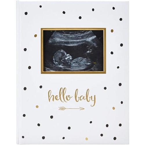Pearhead Hello Baby First 5 Years Memory Book, Gender-Neutral Baby Keepsake for New and Expectant Parents, Pregnancy And Milestone Journal, Modern Minimalist Black and Gold Polka Dot