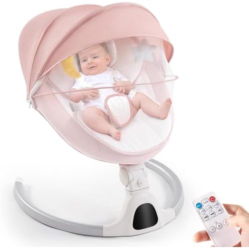 Baby Swing for Infants,Comfort Cradling Baby Rocker Portable Newborn Swing with Music/Remote Control/Timing Function,Pink