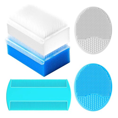 Cradle Cap Brush for Babies, Baby Bath Essentials with Silicone Scrubber Bath Sponge Dual-Sided Comb for Newborns Toddlers Boys Girls (Blue,Set of 5)