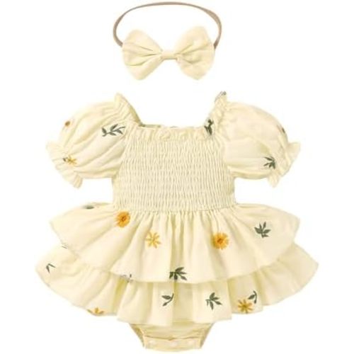 Happy Town Baby Girl Clothes Infant Summer Romper Dress Ruffle Short Sleeve Jumpsuit with Headband Cute Toddler Outfits