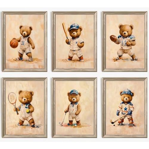 6Pcs Teddy Bear Nursery Canvas Wall Art Sports Cute Bear Painting Picture Wall Decoration Poster Print Artwork for Baby Room Kids Room Bedroom Home Decoration