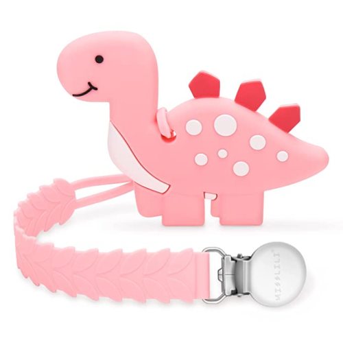 Teething Toys for Babies, Baby Teethers with Clip Silicone Teether Toys for Boys and Girls Infant Teething Relief Dinosaur Shape, Pink