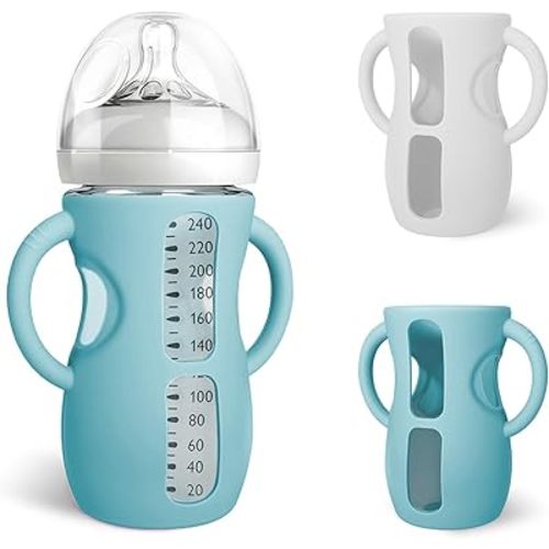 Silicone Sleeves for Avent Natural Glass Baby Bottles, BPA Free, Anti Breakage Baby Bottle Holder with Handles (Green + White, 8 Ounce)