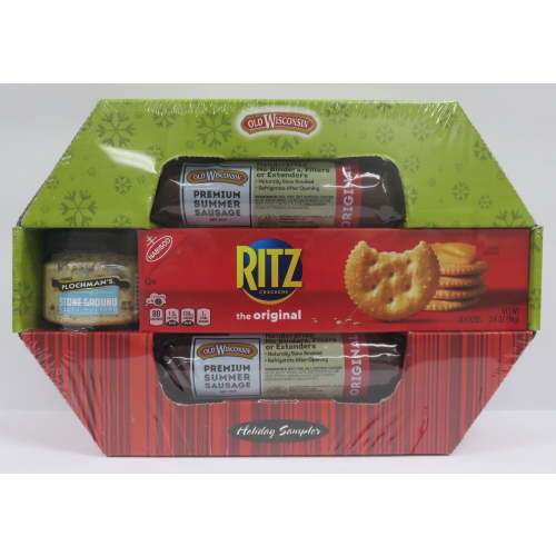 Old Wisconsin Holiday Gift Sampler, Two Summer Sausage Logs, Ritz Crackers, Plochumans Mustard, in a Holiday Themed Cardboard Box