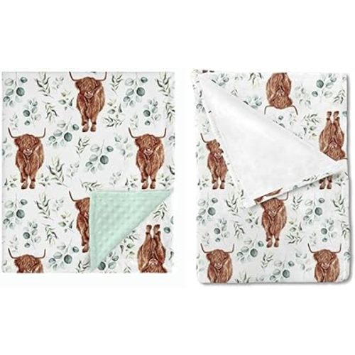 HawSkgFub 2 Packs Highland Cow Eucalyptus Leaf Baby Blankets