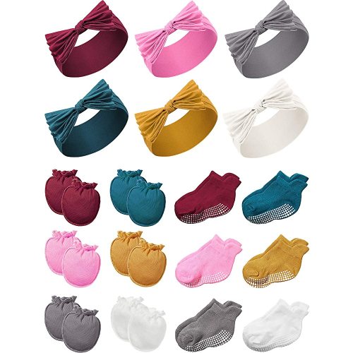Geyoga 18 Pieces Baby Headband Newborn Socks and Mittens Sets Elastic Baby Essentials Boys Girls 0-6 Months (Wine Red, Pink, Yellow, Balsklish Green, White, Black)