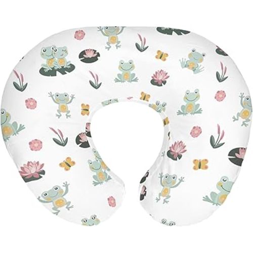 Cute Frogs Family Baby Nursing Pillow Covers for Boy Girl Green Frogs Butterflies Lilies Pond Nursery Pillow Slipcover for Breastfeeding Pillows Wildlife Nature Soft Stretchy Cover for Newborn Infant