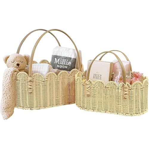 Scalloped Baskets with Handles,Hand-woven Rattan Basket,Wicker Basket with Scalloped Edge,Scalloped Storage Baskets for Home Organizing and Decor(Set of 2-Natural)