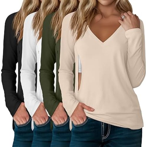 4 Pack Women's Long Sleeve Nursing Shirts with Hidden Zipper V Neck Breastfeeding Clothes Maternity Loose Fit Tops