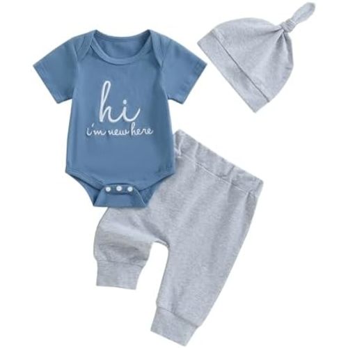 Newborn Baby Boy Girl Clothes Im New Here Printed Romper Bodysuit Pants Set with Hat Coming Home Hospital Outfits