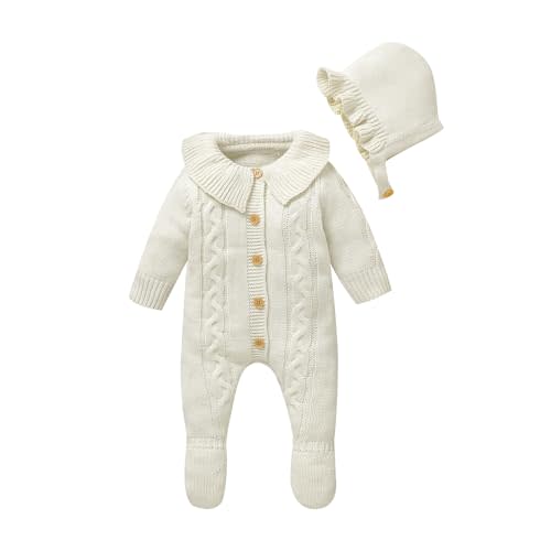 Hadetoto Newborn Baby Sweater Romper Knit Outfits Long Sleeve Jumpsuit with Warm Hat for Infant Boy Girl