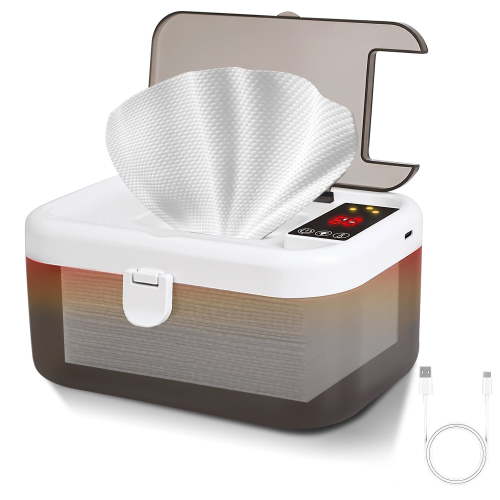 WEENEED Baby Wipe Warmer and Dispenser, USB Powered, 3 Temperature Settings 131°F–149°F, Built-in Night Light, Gray-White