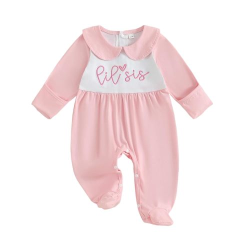 Newborn Baby Girl Footed Romper Onesie Little Sister Embroidery Fall Clothes Coming Home Outfit Vintage Jumpsuit