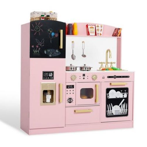 Kinder King Wooden Play Kitchen Set for Kids with Ice Maker, Sink, Microwave, Dishwasher & Accessories – Role Play Toy for Toddlers Ages 3+, Pink