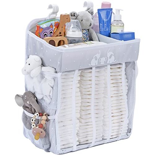 Cradle Star Hanging Changing Table Basket – Organiser for Baby Necessaries – Nappy Storage with Multiple Pockets – XL 50 x 34 cm – Grey