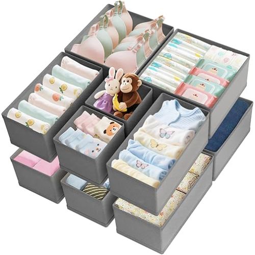 Drawer Organizer Clothes 12 Pack, Dresser Closet Organizers For Baby Clothes Underwear, Sock Grey