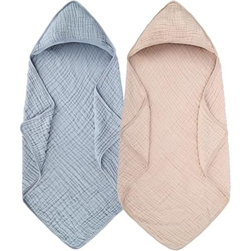 2 Pack Baby Hooded Bath Towel Muslin Cotton 32x32 Inches Brown and Misty Blue Neutral Style Elegant Colors Ultra Soft Absorbent