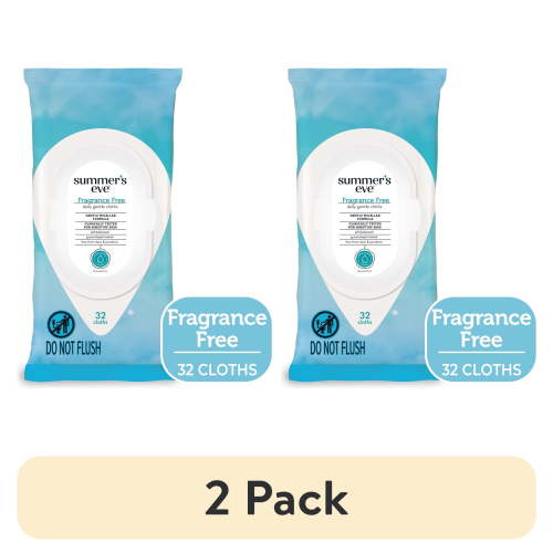 (2 pack) Summer’s Eve Fragrance Free Gentle Daily Feminine Wipes, Removes Odor, pH Balanced, 32 ct