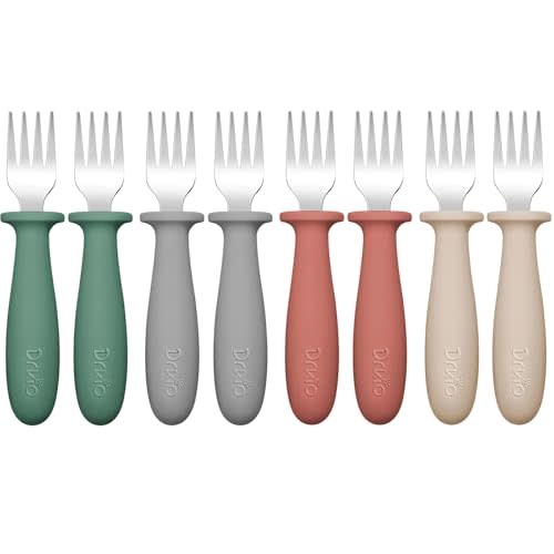 DRKIO 8 Pieces Toddler Forks Set - Baby Forks with Silicone Handle Children safe 18/8 Stainless Steel Toddler Utensils Set for Self Feeding Kids Silverware Anti-Choke Design Food Grade Dishwasher Safe