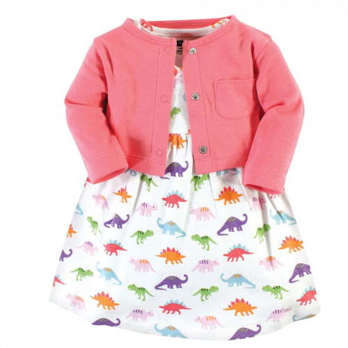 Hudson Baby Baby and Toddler Girl Cotton Dress and Cardigan Set, Girl Dinosaurs, 3-6 Months