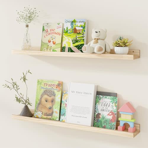 Fun Memories Picture Ledge Shelf, Pine Wood Floating Shelves Set of 2, 36 inch Nursery Book Shelves, Photo Ledge Book Shelves Wall Mounted for Living Room Kids' Room Bedroom - Natural
