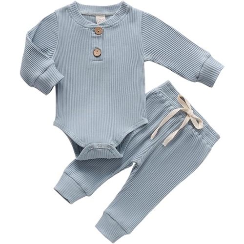 Ribbed Knitted Cotton Long Sleeve Romper Long Pants Solid Color Fall Winter Outfits