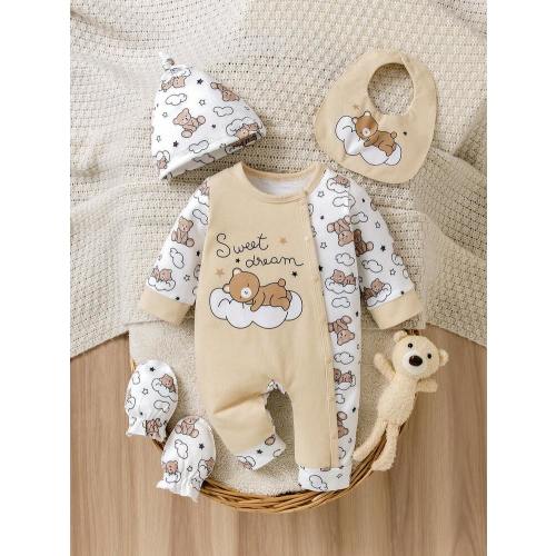 4pcs/Set Newborn Baby Boy Cloud Bear Print Colorblock Jumpsuit + Hat + Gloves + Bib Cute Outfit | SHEIN USA