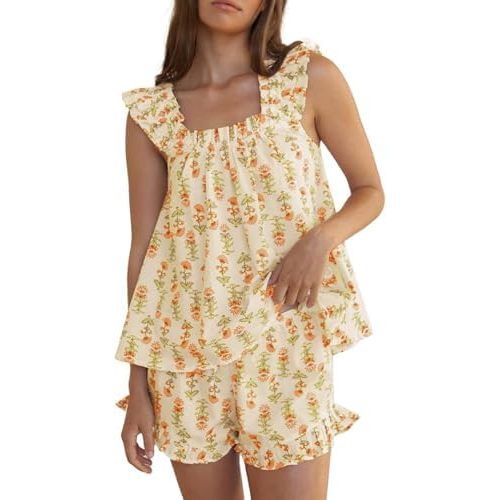 Women Cute Ruffle Pajama Set 2 Piece Summer Pjs Floral Print Cami Top and Shorts Sleepwear Lounge Sets