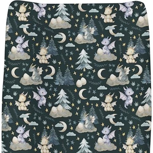 Fairytale Dragons Baby Changing Pad Covers for Boys Girls Cute Dragon Moon Stars Clouds Trees Eggs Fitted Changing Table Cover Mats Fantasy Animal Soft Diaper Change Table Sheets 32''×16'' Navy