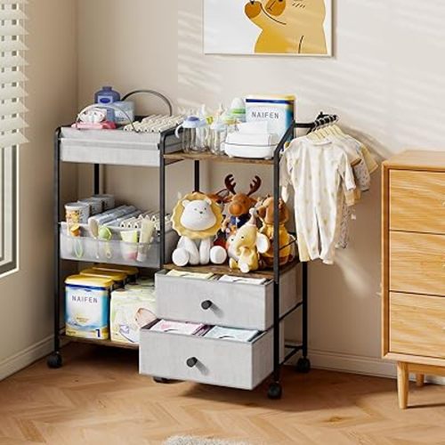 BBLIKE Diaper Caddy Organizer with Hanging Rack - 3 Tier Rolling Baby Storage Cart with Drawers and Side Pockets for Newborn Diaper Organization for Nursery, Crib, Bedroom, Changing Table, Gray