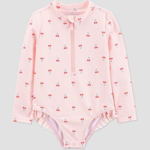 Carter's Just One You® Toddler Girls' Long Sleeve Cherry Striped Rash Guard One Piece Swimsuit - Pink
