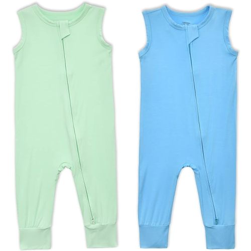 Baby Sleeveless Romper Zipper Toddler Summer Jumpsuit Rayon from Bamboo Outfits Infant Footless Pajamas 0-24m - 3-6 Months - Green & Blue