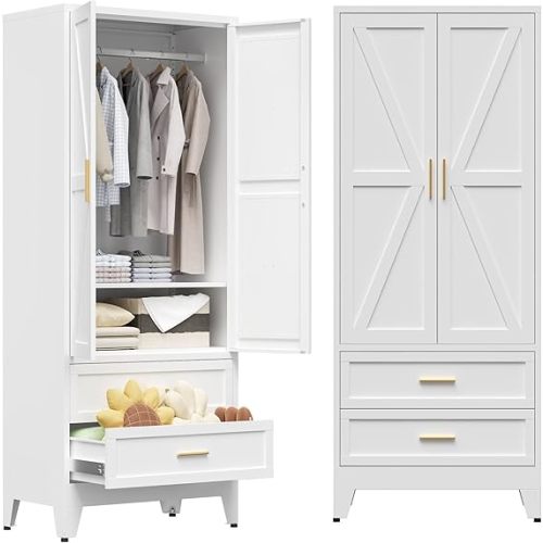 COFaR Metal Wardrobe Cabinet, 71 Farmhouse Armoire Wardrobe Closet with Rods, 2 Barn Doors, Adjustable Shelves, Steel with 2 Drawer Bedroom armoires, White