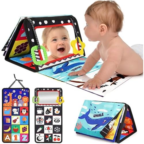 URMYWO Tummy Time Toy - Black and White High Contrast Baby Toys for Newborn - Baby Visual Stimulation Mirror - Montessori Sensory Crinkle Toy for Infant 0-3-6-12 Months - Shower Gift for Boy Girl