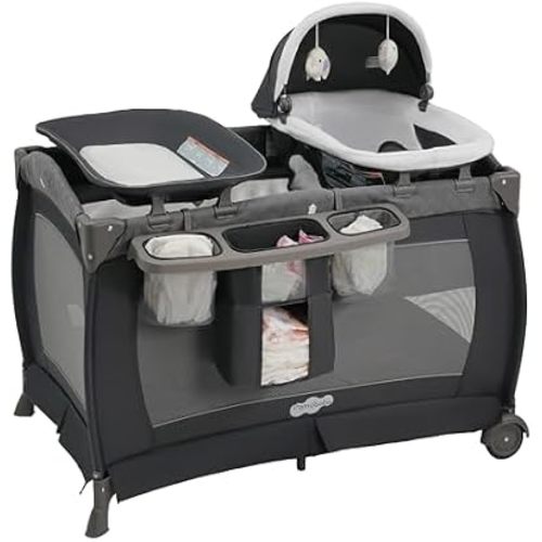 Pamo Babe Pack and Play 4-in-1 Baby Playard with Bassinet & Changing Table,Foldable Portable Playpen with Mattress,Travel Crib for Newborn to Toddler 0-36M-Grey