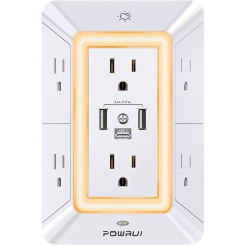 POWRUI Multi Plug 6 Outlet Surge Protector Extender with 3 USB Ports (1 USB C) and Night Light, 3-Sided Power Strip with Adapter Spaced Outlets, ETL Listed, White