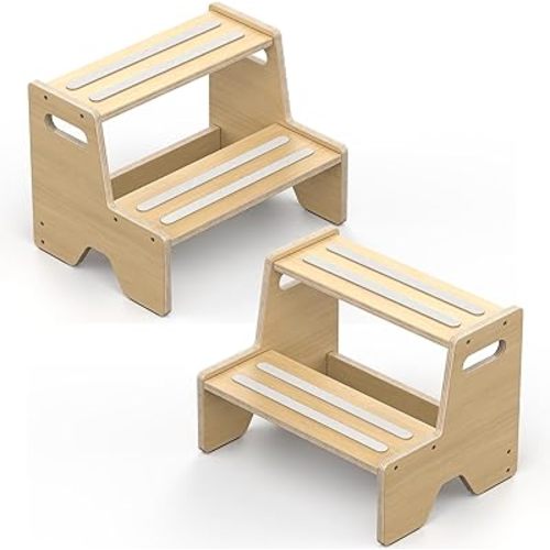 Step Stool for Toddler, Sturdy Wooden 2-Step Stool with Anti-Slip Surface and Pads for Barthroom, Kitchen, Bedroom, Toilet, and Potty Training - 2 Pack