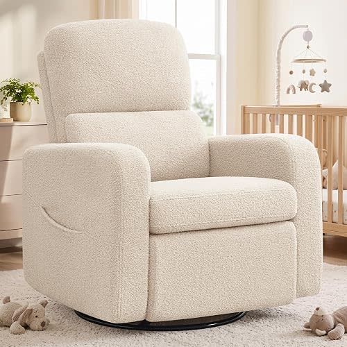 Swivel Rocker Recliner, Oversized Manual Boucle Nursery Glider Rocking Recliner Chair with Removable Cushion, Upholstered Teddy Swivel Reclining Chair for Nursery Living Room Bedroom, Apricot