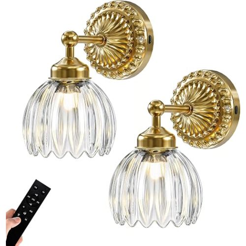 Battery Operated Wall Sconce, Vintage Wall Light, 2 Pack, Clear Tulip Glass