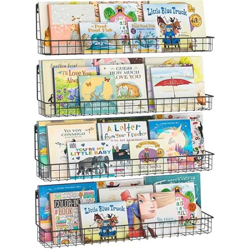 24 Inch Wall Mounted Kids Bookshelf, Floating Metal Book Shelves for Kids Nursery Toddler Classroom, Hanging Book Shelf Organizer for Room Decor, Black, Set of 4