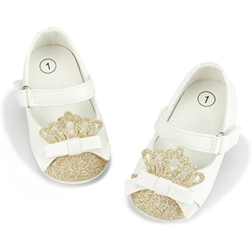 Sawimlgy Baby Girls Mary Jane Sequins Crown Flats PU Leather Wedding Party Princess Ballet Shoe Infant Rubber Sole Prewalker Toddler First Crib Shoes