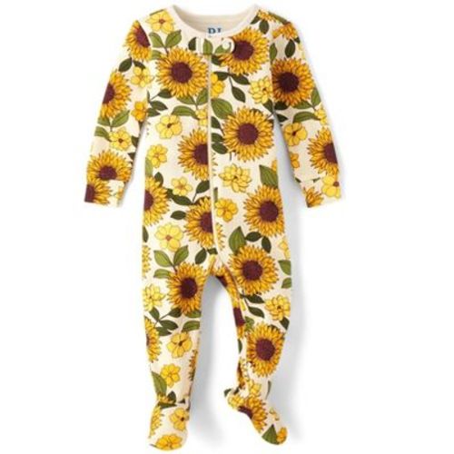 The Children's Place Baby Girls Long Sleeve Sunflower Print Snug Fit Cotton Footed One Piece Pajamas White 3-6 M