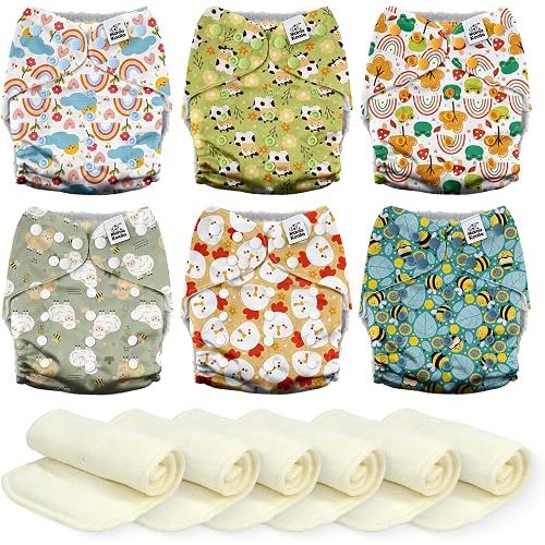Mama Koala 6 Pack Reusable Cloth Diapers 3.0 for Babies Girls Newborn, One-Size Adjustable Baby Diaper, Durable Stitching, Back Opening for Inserts, Breathable Awj Lining, Leak Prevention-Happy Farm