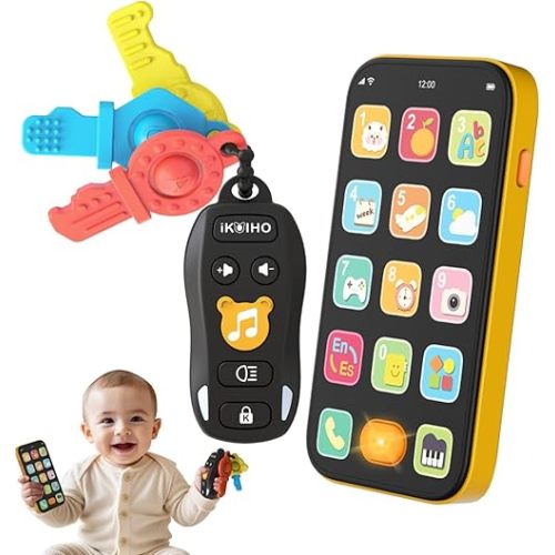 Baby Phone Baby Keys Toys Set, Bilingual Play Phone and Toy Keys for Toddlers 1-3, Musical Early Learning Toys with Sounds Lights for 1 Year Old Boys Girls Infant Age 6+ Months