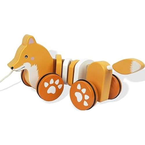 Baby Toys Car,Wooden Pull Along Toddler Toy, Developmental Toy for 1 Year Old Girl Boy Birthday Gift (Fox)