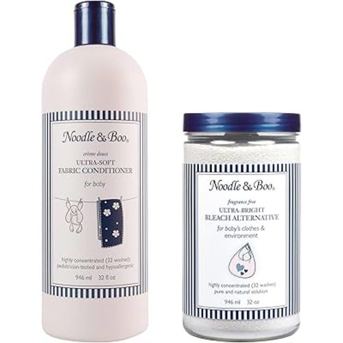 Noodle & Boo Ultra-Bright Laundry Bleach Alternative & Ultra-Soft Baby Fabric Softener Bundle | Hypoallergenic, Pediatrician-Tested, Cruelty-Free Stain Remover and Conditioner, 32 Washes Each