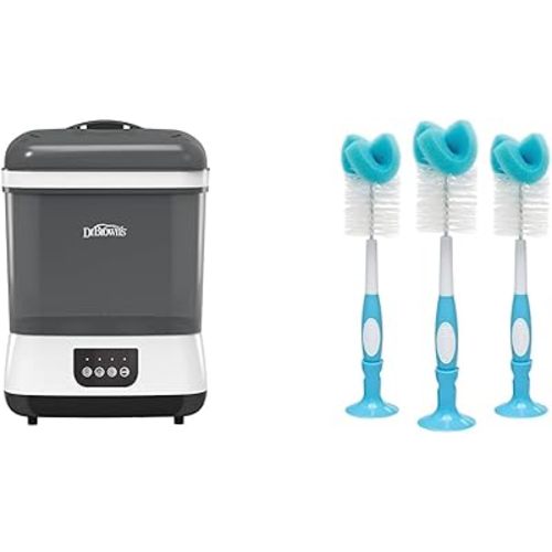 Dr. Brown's All-in-One Sterilizer and Dryer for Baby Bottles, Parts & Other Newborn Essentials & Baby Bottle Cleaning Brush with Sponge and Scrubber - Blue - 3-Pack